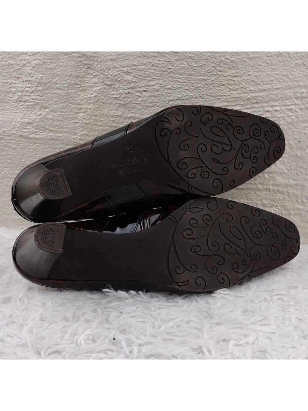 Brighton Runway Black Brown Cheetah Print Patent Leather High Heel Mule Shoe